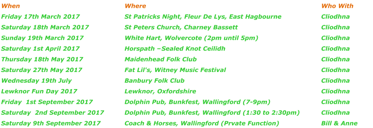 When Where Who With Friday 17th March 2017 St Patricks Night, Fleur De Lys, East Hagbourne Cliodhna Saturday 18th March 2017 St Peters Church, Charney Bassett Cliodhna Sunday 19th March 2017 White Hart, Wolvercote (2pm until 5pm) Cliodhna Saturday 1st April 2017 Horspath – Sealed Knot Ceilidh Cliodhna Thursday 18th May 2017 Maidenhead Folk Club Cliodhna Saturday 27th May 2017 Fat Lil's, Witney Music Festival Cliodhna Wednesday 19th July Banbury Folk Club Cliodhna Lewknor Fun Day 2017 Lewknor, Oxfordshire Cliodhna Friday  1st September 2017 Dolphin Pub, Bunkfest, Wallingford (7-9pm) Cliodhna Saturday  2nd September 2017 Dolphin Pub, Bunkfest, Wallingford (1:30 to 2:30pm) Cliodhna Saturday 9th September 2017 Coach & Horses, Wallingford (Prvate Function) Bill & Anne